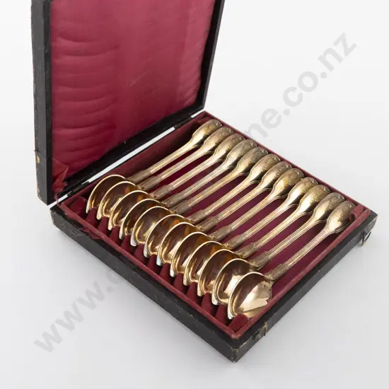 Cased Set Of 12 French S/S Gilt Grapefruit Spoons