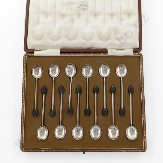 Cased Set Of 12 Geo V S/S Bean Top Coffee Spoons