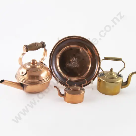 Three Miniature and Small Copper and Brass Kettles and Tray