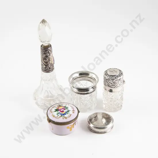 Three S/S Mounted Vanity Bottles with Limoges Porcelain Pill Box