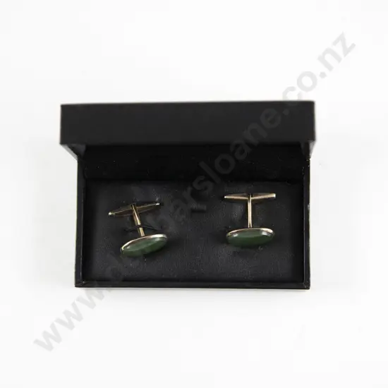 9ct Single Greenstone Oval Panel Cufflinks