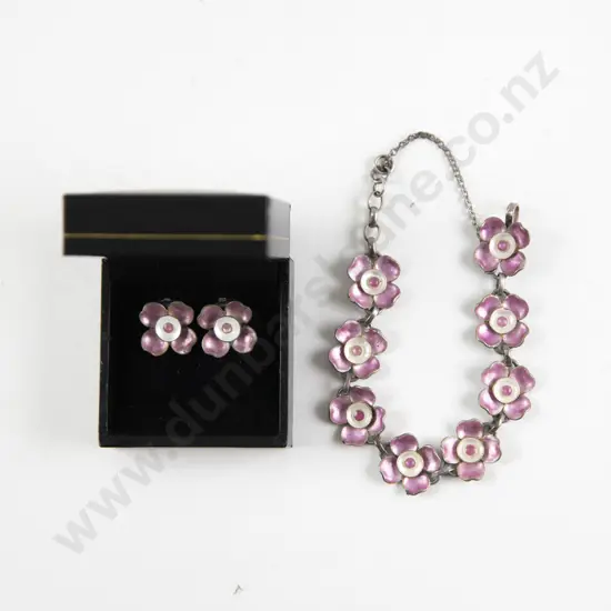 Silver Pink and White Enamel Flower Head Bracelet with Matching Clip Earrings