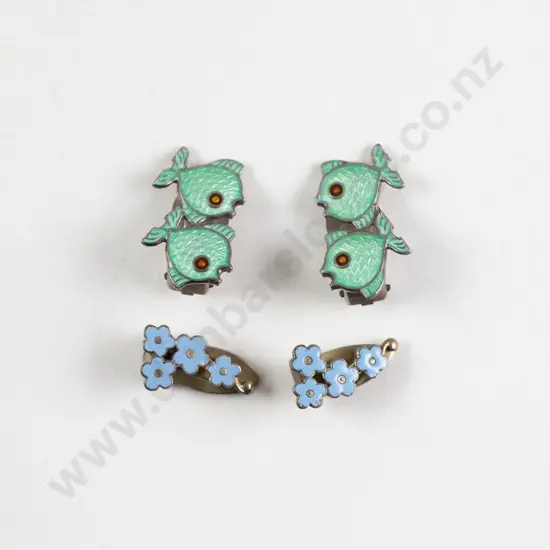 Two Pair .925 Sterling Denmark & Enamel Novelty Clip Earrings