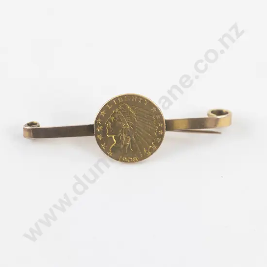 US 1908 Indian Head 2 1/2 Dollar Gold Coin on 9ct Bar Brooch