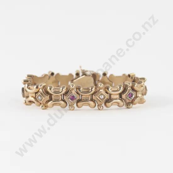 14ct Eleven Stone Ruby and Seed Pearl Fancy Link Bracelet
