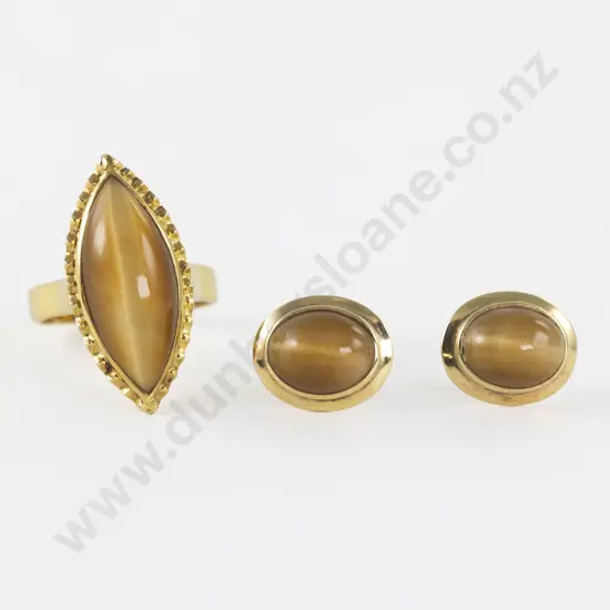 14ct Single Stone Tiger-Eye Ring with Pair of Matching Earrings
