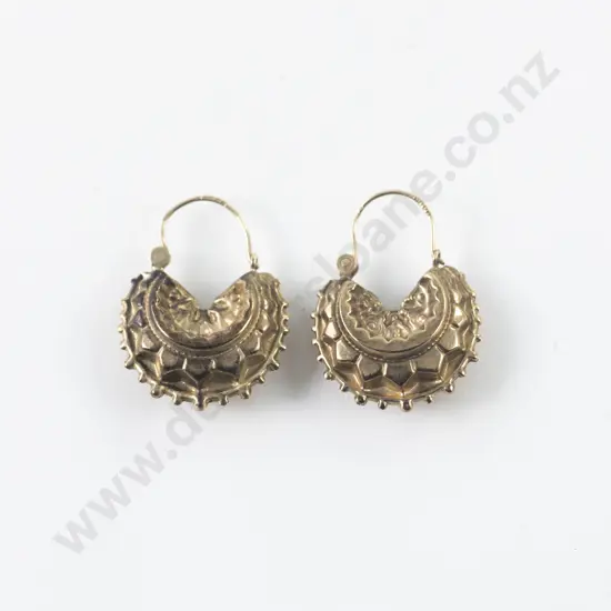 Pair 9ct Vintage Fancy Pattern Hoop Drop Pierced Earrings