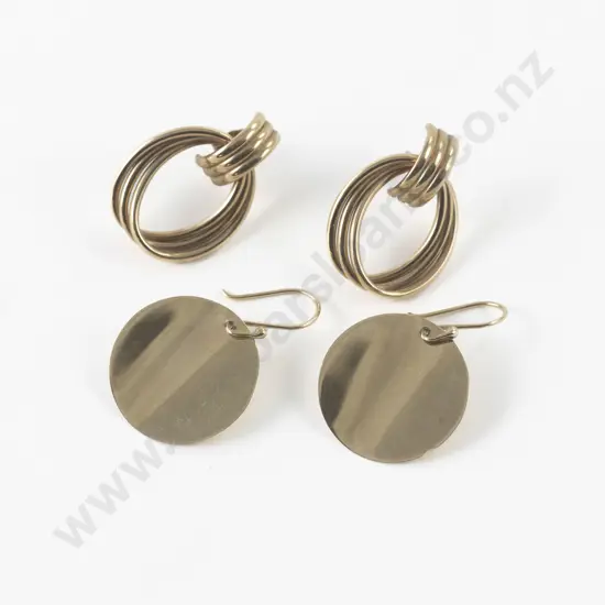 Two Pair 9ct Hoop and Disc Drop Pierced Earrings