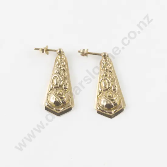 Pair 9ct Rose Embossed Pendant Drop Pierced Earrings