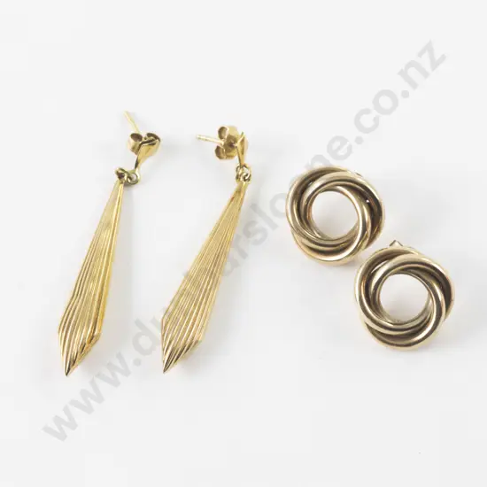 Two Pair 9ct Circular Twist and Pendant Drop Pierced Earrings