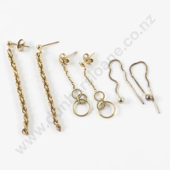 Three Pair 9ct Chain Pendant Pierced Earrings