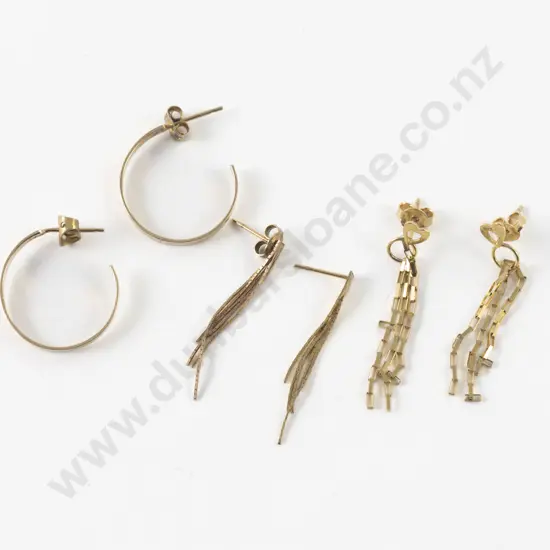 Three Pair 9ct Hoop and Chain Pierced Earrings