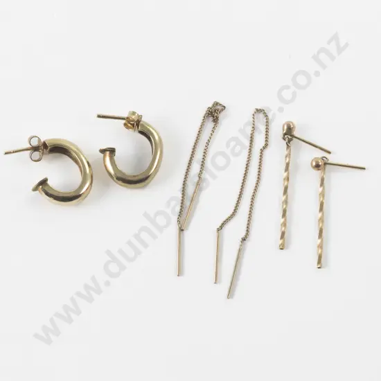 Three Pair 9ct Hoop Pendant and Chain Drop Pierced Earrings