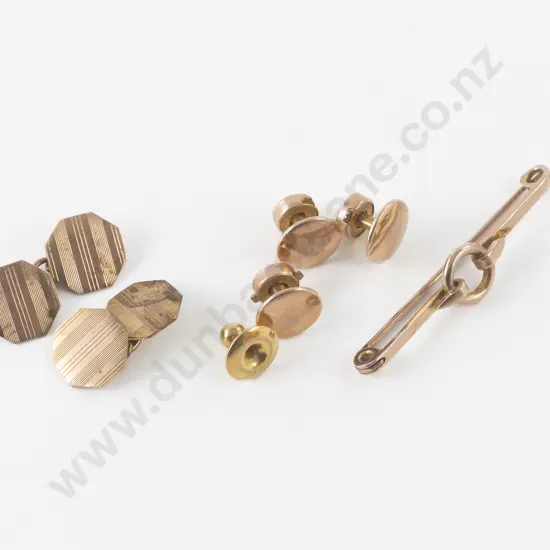 Pair 9ct Cuff Links Single Stud and 9ct Bar Brooch