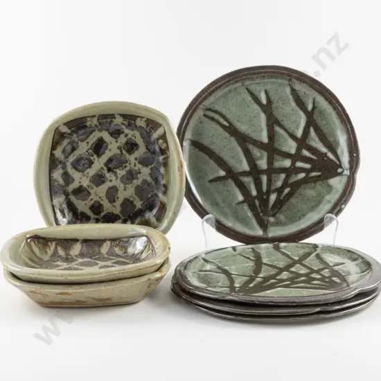 Three NZ Pottery Square Shallow Bowls & Four Plates