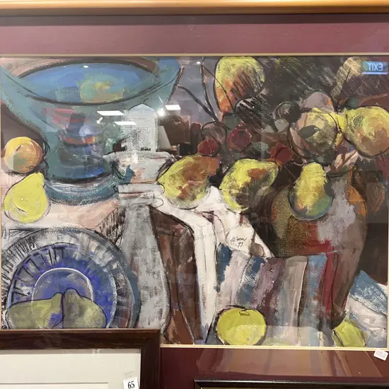 Indistinctly Signed Abstract Pastel Still Life on Paper