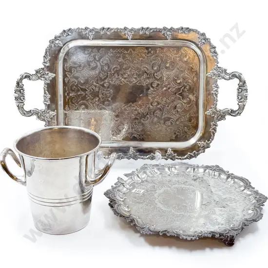 S/P Double Handled Tray together with Ornate Footed Salver and Champagne Bucket