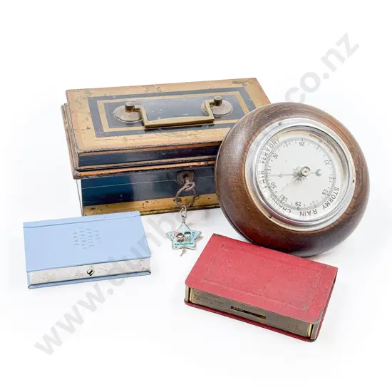 Berometer with Vintage Cash Box and Two Post Office Saving Banks