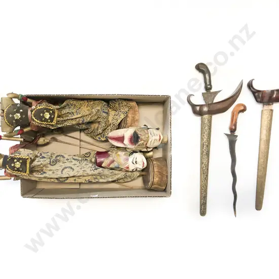 Two Repro Decorative Kris Knives and Two Indian Figures