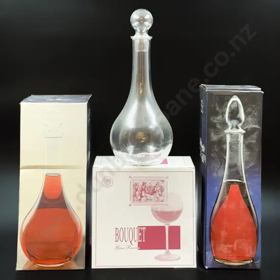 Two Boxed Decanters and Boxed Wine Glasses