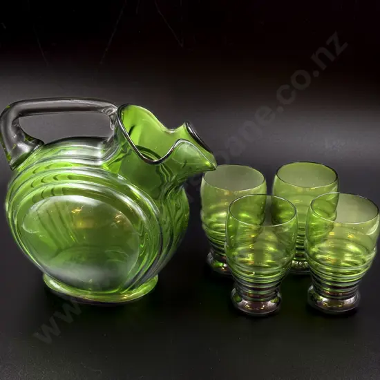 Mid 20th Century Green Glass Jug and Four Matching Cups