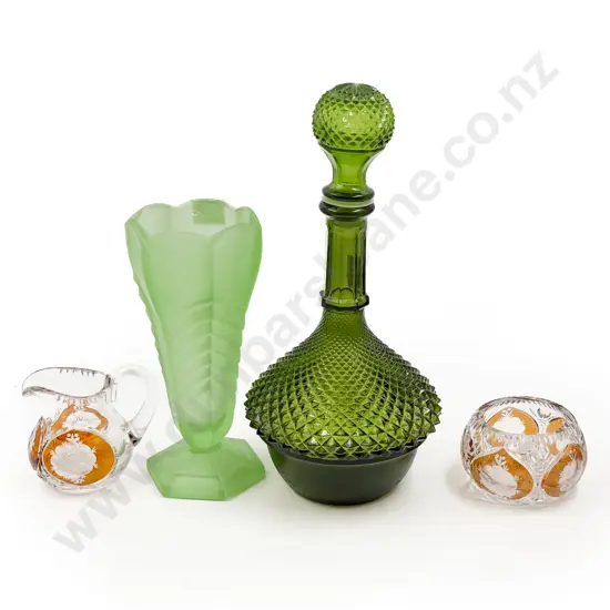 Green Glass Decanter with Crest Glass Vase and Two Others