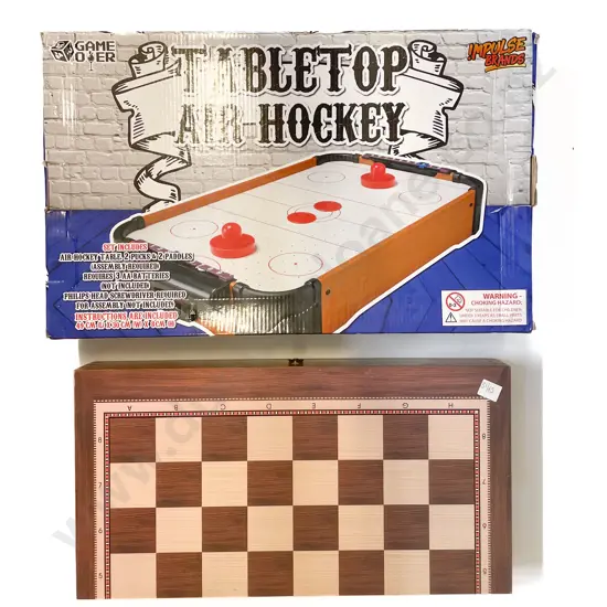 Wooden Backgammon and Checkers Set with Table Top Air Hockey Game