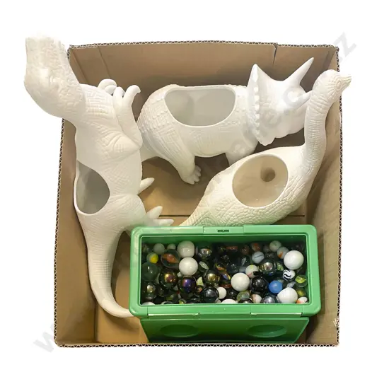 Three Dinosaur Vases together with Container of Assorted Marbles