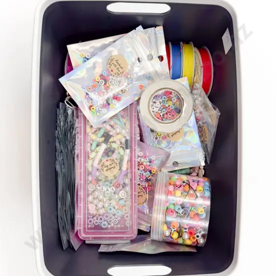 Box Qty of Assorted Beads and Coloured Elastic Thread