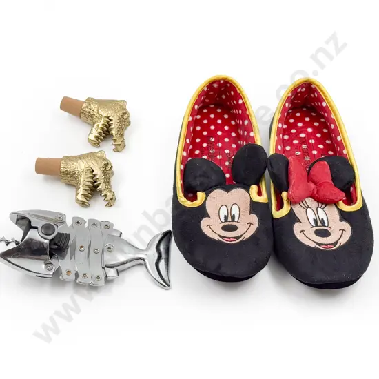 Pair of Mickey/Minnie Mouse Slippers with Bottle Opener and Wine Stoppers