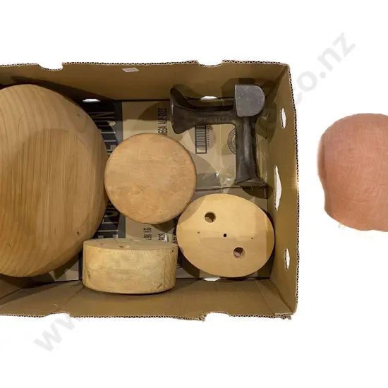 Qty of Assorted Hat Blocks together with Wrought Iron Shoe Last