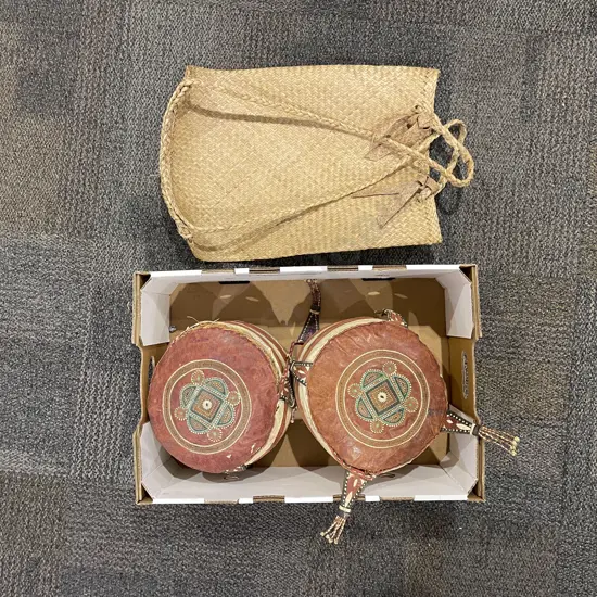 Two Vintage Leather Cushions and Woven Bag