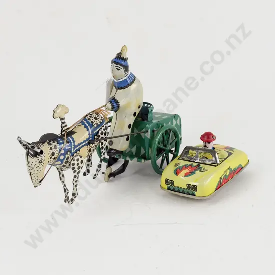 C1950s Made in USSR Tinplate Clown Cart and Donkey