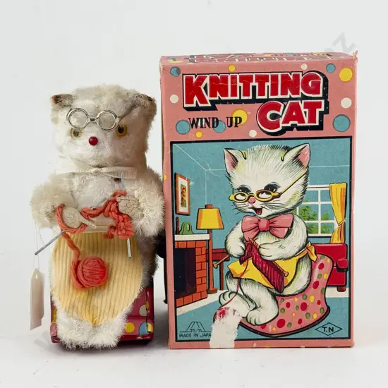 Boxed TN Mark Made in Japan Flock and Tinplate Knitting Cat