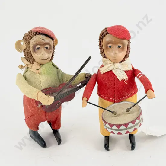 Two Schuco Germany Tinplate and Cloth Violin and Drum Playing Monkeys
