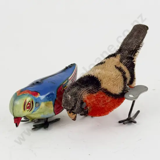 Early German Flock Cover Bird with Horse and China MS 029 Tinplate Pecking Bird