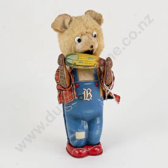 Made in Japan Tinplate and Flock Bear Eating Sweetcorn