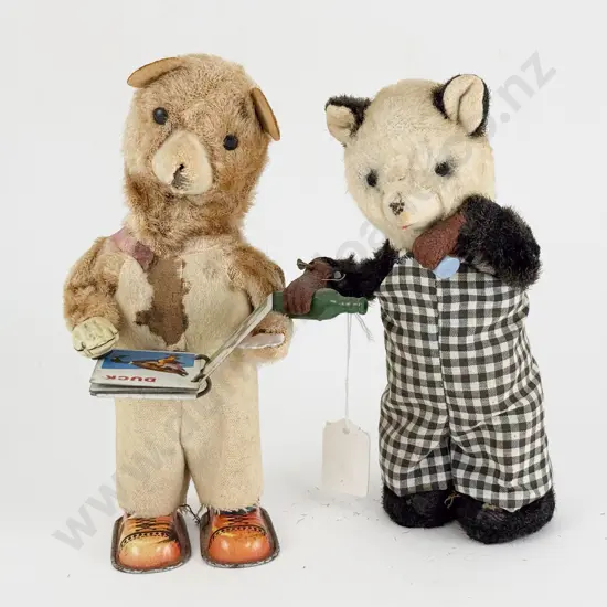 Made in Japan Tinplate and Flock Drinking Bear and Reading Bear