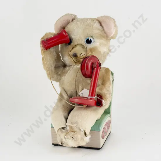 Modern Toys Japan Flock and Tinplate Bear on Telephone