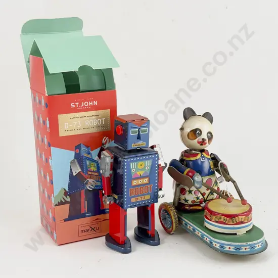Boxed St John Shanghai Tinplate Robot D-73 and China MS 565 Drum Playing Panda