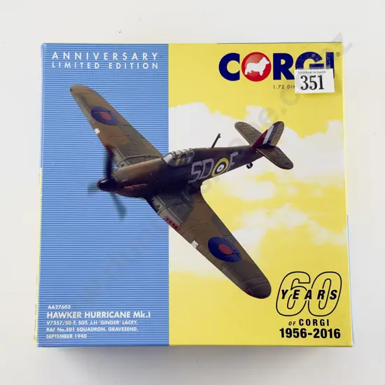 Boxed Corgi 60th Anniversary (1956 – 2016) AA27603 Hawker Hurricane Mk.1 Ltd Ed 602 of 2500