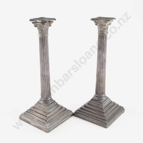 Pair Vict S/S Corinthian Column Candlesticks