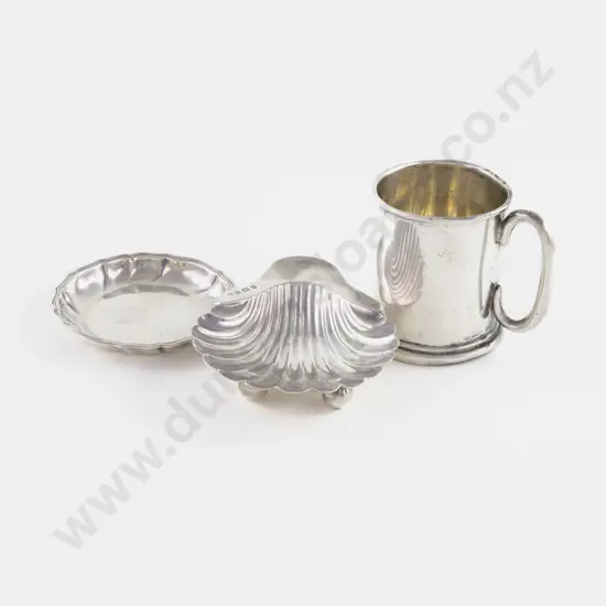 Edw VII S/S Scallop Shell ButterDish S/S Christening Mug & Pin Dish