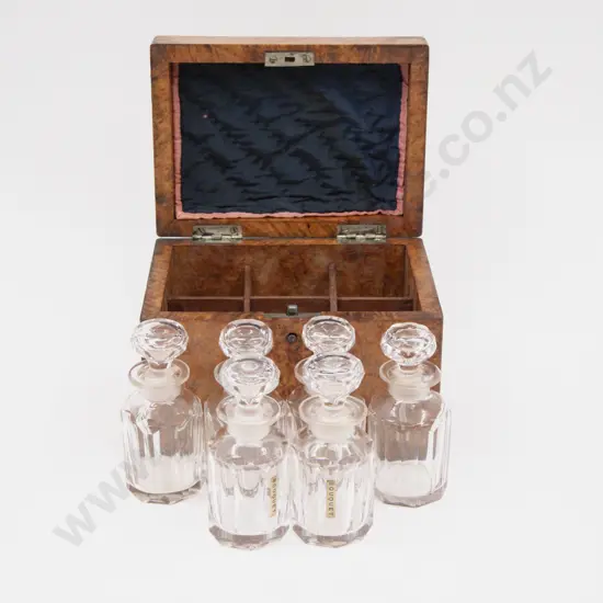 Victorian Burr Walnut Cologne Box with Six Glass Jars