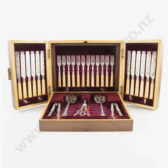An Attractive Edw Walnut & Inlaid Cased S/P Dessert Set