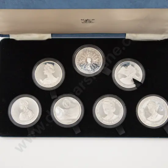 Cased Queen Elizabeth the Queen Mother 80th Birthday Seven Proof Silver Coin Commemorative Crown Set
