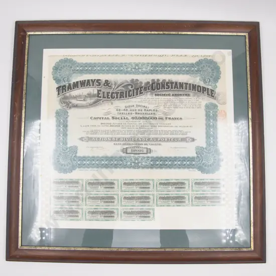 Framed Constantinople Tramway and Electricity Joint Stock Company Stock Certificate