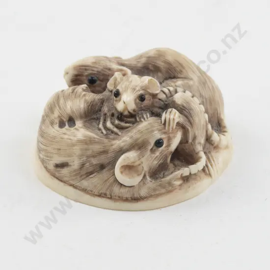 Signed Ivory Netsuke of a Nest of Three Rats