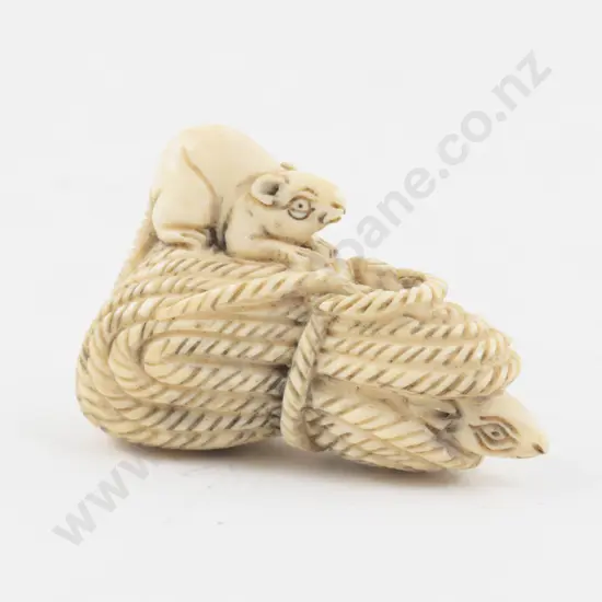 Signed Ivory Netsuke of Two Rats on Rope Bale