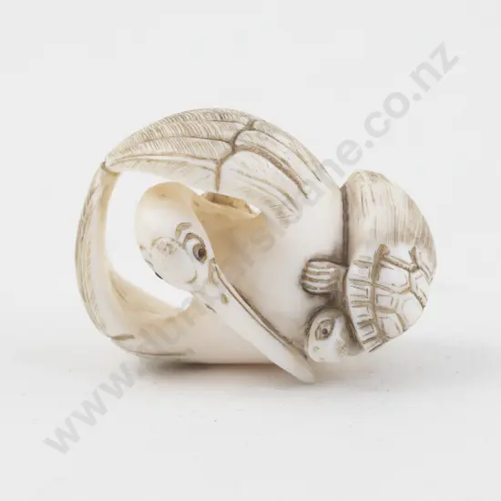 Signed Ivory Netsuke of a Crane and Turtle